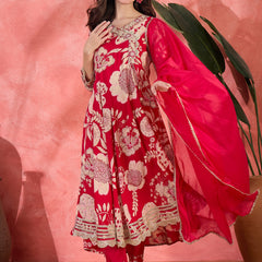 Floral Printed With Thread Work Embroidered Kurta With Trousers & Dupatta