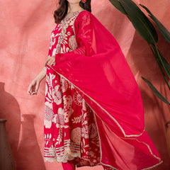 Floral Printed With Thread Work Embroidered Kurta With Trousers & Dupatta