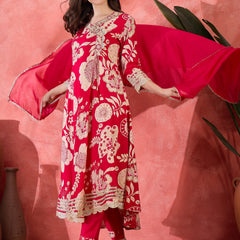 Floral Printed With Thread Work Embroidered Kurta With Trousers & Dupatta