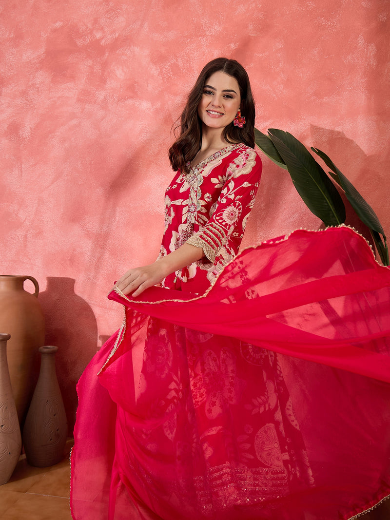 Floral Printed With Thread Work Embroidered Kurta With Trousers & Dupatta