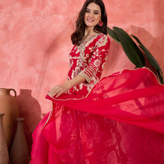 Floral Printed With Thread Work Embroidered Kurta With Trousers & Dupatta