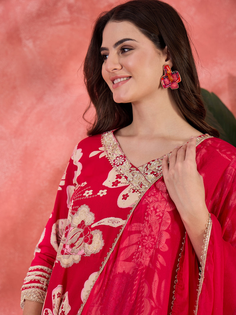 Floral Printed With Thread Work Embroidered Kurta With Trousers & Dupatta