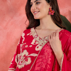Floral Printed With Thread Work Embroidered Kurta With Trousers & Dupatta