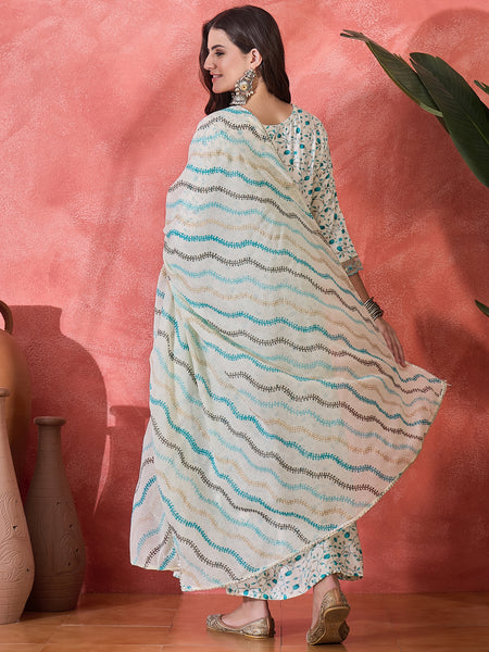 Floral Printed With Thread Work Embroidered Kurta With Trousers & Dupatta