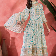 Floral Printed With Thread Work Embroidered Kurta With Trousers & Dupatta