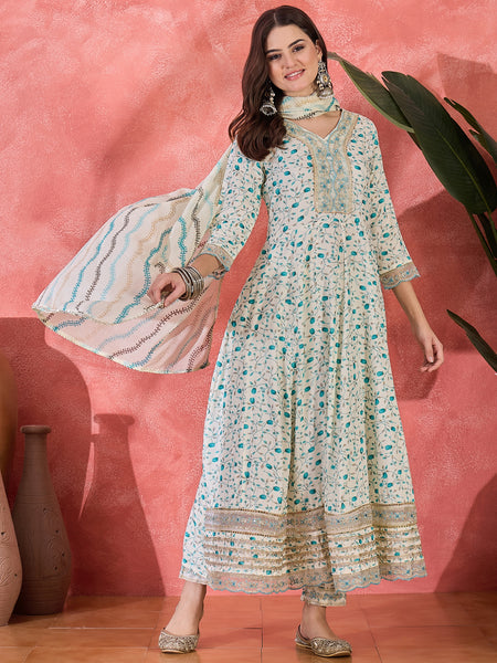 Floral Printed With Thread Work Embroidered Kurta With Trousers & Dupatta