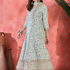 Floral Printed With Thread Work Embroidered Kurta With Trousers & Dupatta