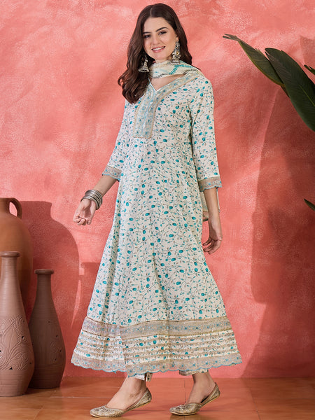 Floral Printed With Thread Work Embroidered Kurta With Trousers & Dupatta