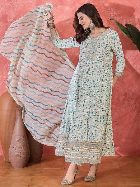 Floral Printed With Thread Work Embroidered Kurta With Trousers & Dupatta