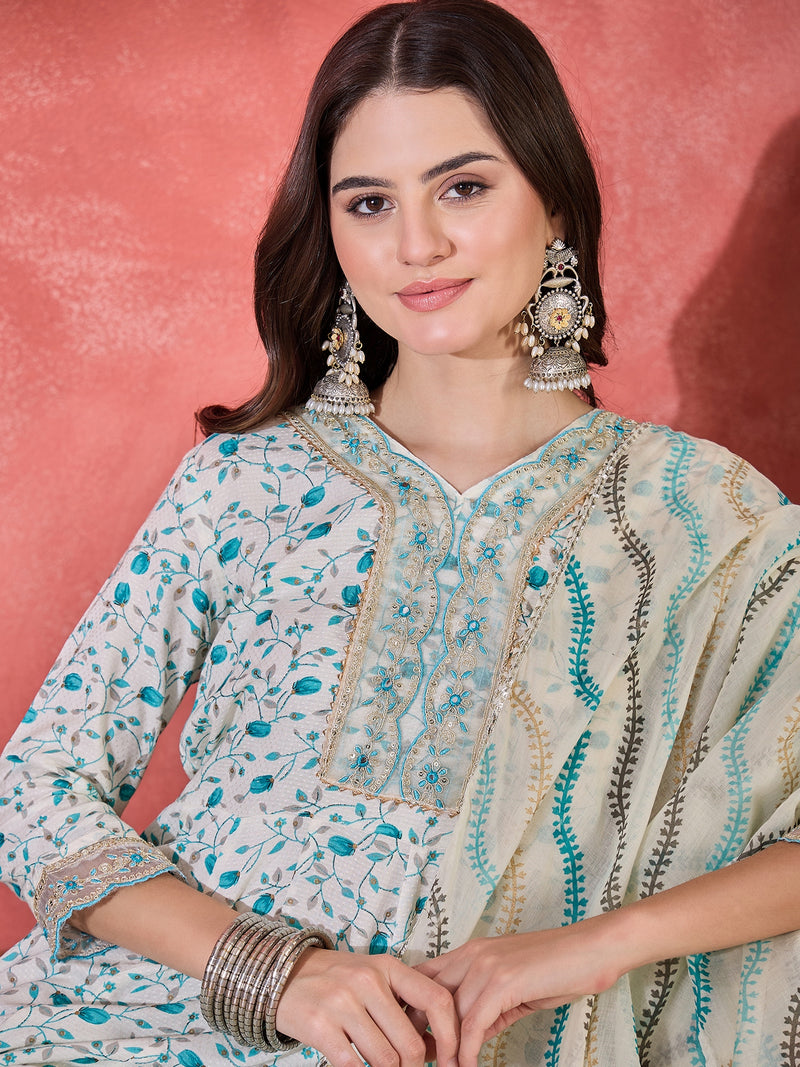 Floral Printed With Thread Work Embroidered Kurta With Trousers & Dupatta