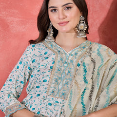 Floral Printed With Thread Work Embroidered Kurta With Trousers & Dupatta