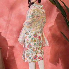 Floral Printed With Thread Work Embroidered Kurta With Trousers & Dupatta