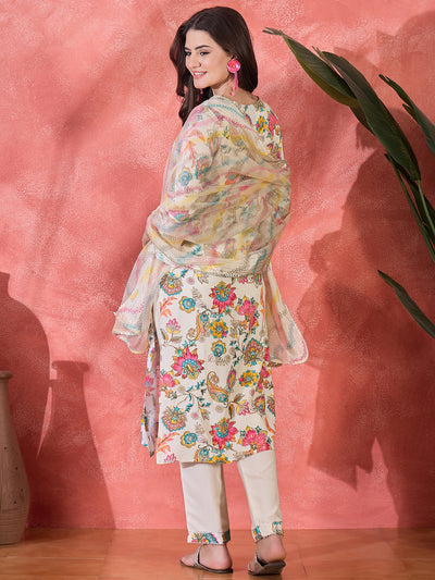 Floral Printed With Thread Work Embroidered Kurta With Trousers & Dupatta