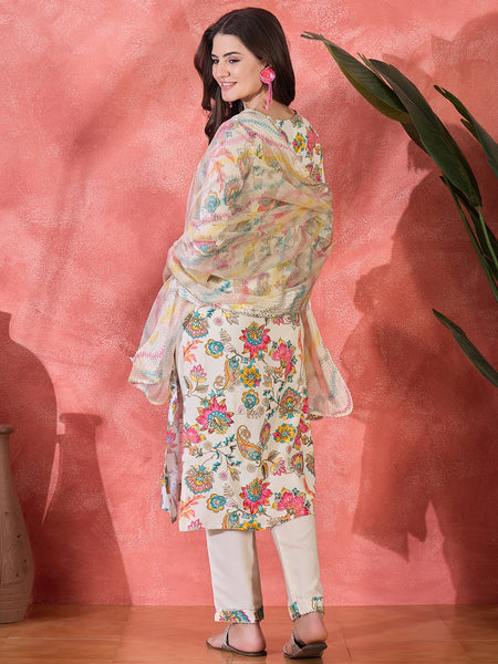 Floral Printed With Thread Work Embroidered Kurta With Trousers & Dupatta