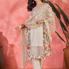 Floral Printed With Thread Work Embroidered Kurta With Trousers & Dupatta
