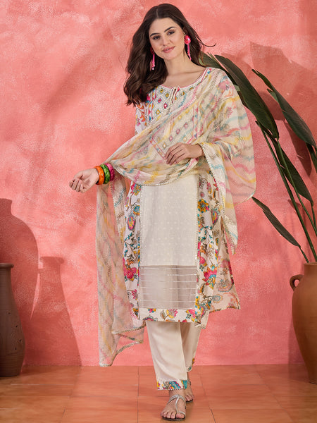 Floral Printed With Thread Work Embroidered Kurta With Trousers & Dupatta