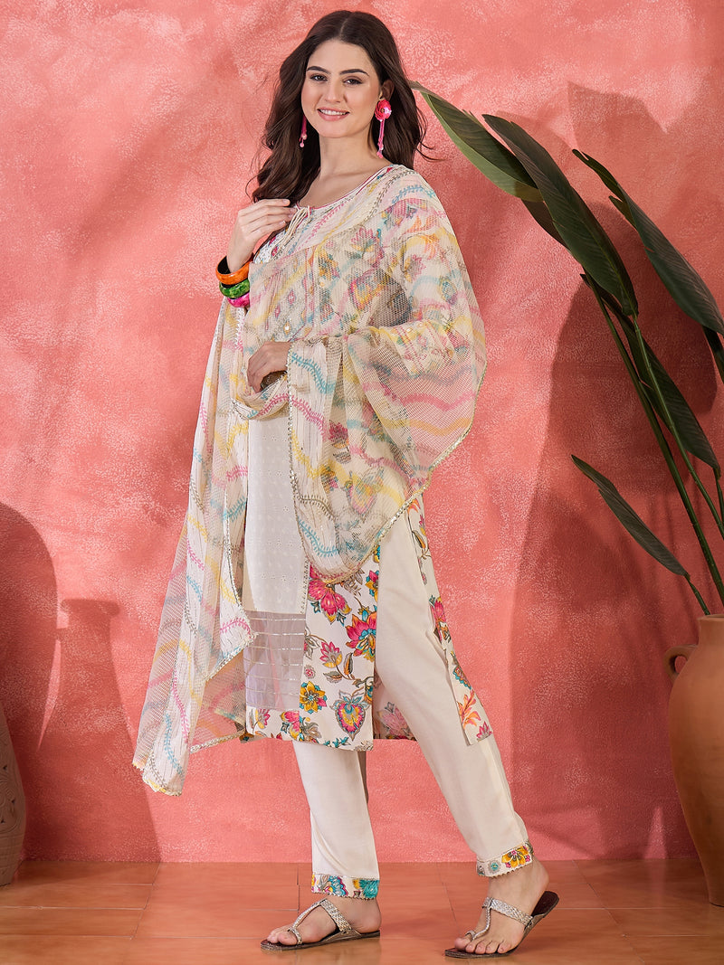 Floral Printed With Thread Work Embroidered Kurta With Trousers & Dupatta