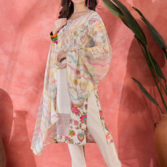 Floral Printed With Thread Work Embroidered Kurta With Trousers & Dupatta