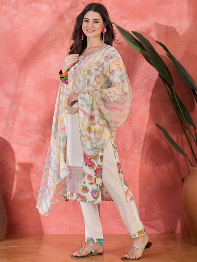 Floral Printed With Thread Work Embroidered Kurta With Trousers & Dupatta