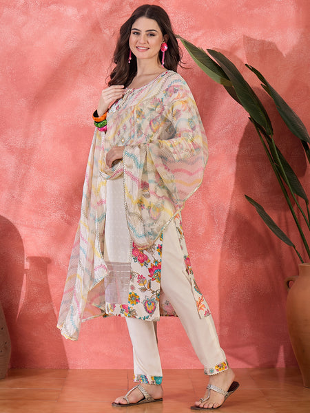 Floral Printed With Thread Work Embroidered Kurta With Trousers & Dupatta