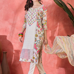Floral Printed With Thread Work Embroidered Kurta With Trousers & Dupatta