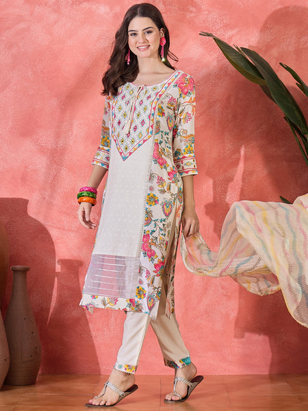 Floral Printed With Thread Work Embroidered Kurta With Trousers & Dupatta