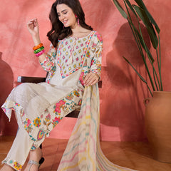 Floral Printed With Thread Work Embroidered Kurta With Trousers & Dupatta