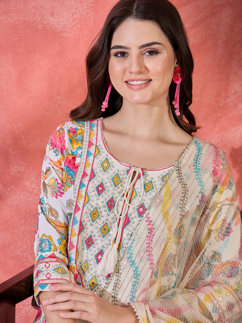 Floral Printed With Thread Work Embroidered Kurta With Trousers & Dupatta