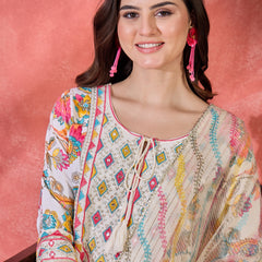 Floral Printed With Thread Work Embroidered Kurta With Trousers & Dupatta