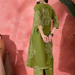 Green Embroidered Straight Kurta With Trousers