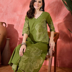 Green Embroidered Straight Kurta With Trousers