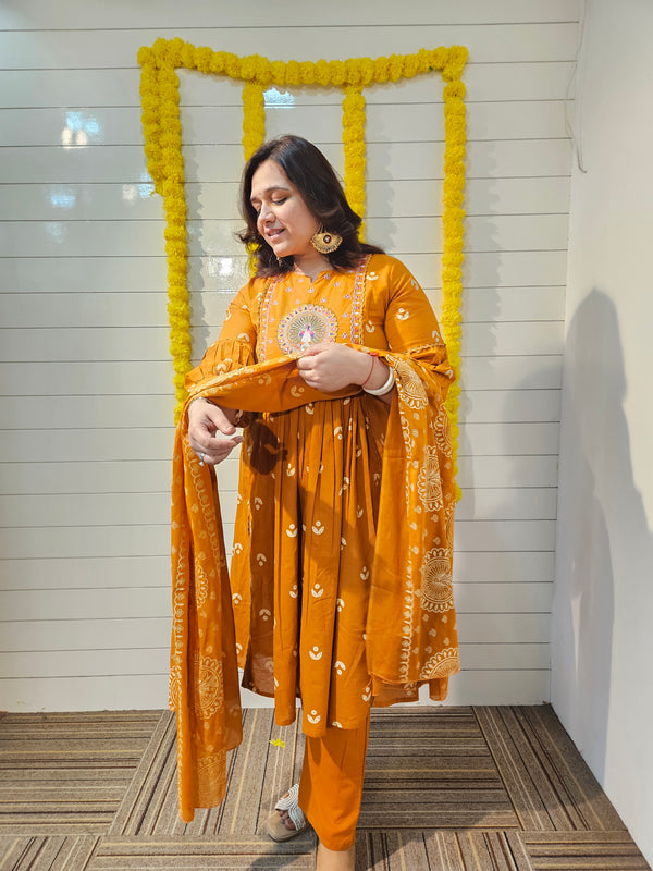 Embroidered & Printed  A-Line Kurta With Pant & Dupatta Kurta Set