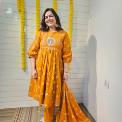 Embroidered & Printed  A-Line Kurta With Pant & Dupatta Kurta Set