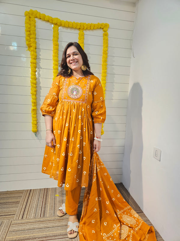 Embroidered & Printed  A-Line Kurta With Pant & Dupatta Kurta Set