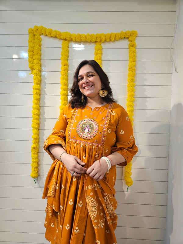 Embroidered & Printed  A-Line Kurta With Pant & Dupatta Kurta Set