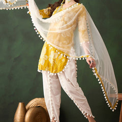Floral Printed Mirror Work Pure Cotton Kurta With Dhoti Pant & Dupatta