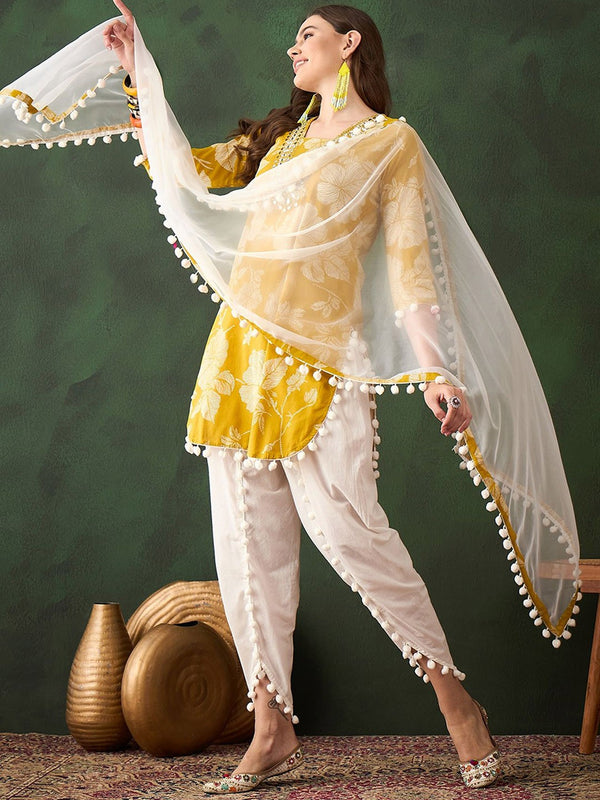 Floral Printed Mirror Work Pure Cotton Kurta With Dhoti Pant & Dupatta