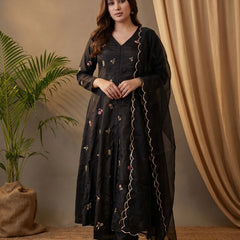 Black Floral Embroidered Mirror Work A-Line Kurta With Trousers & Dupatta