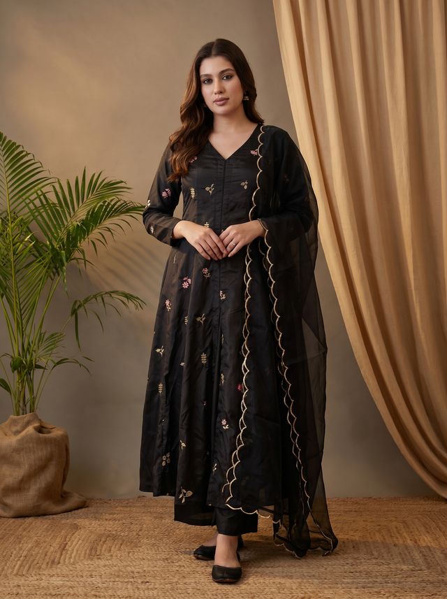 Black Floral Embroidered Mirror Work A-Line Kurta With Trousers & Dupatta