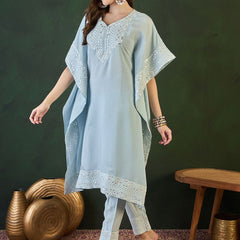 Turquoise Blue Geometric Embroidered Mirror Work Roman Silk Kurta With Trouser