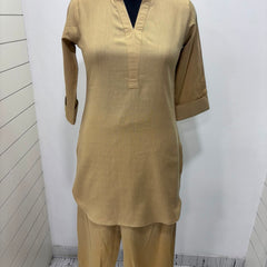 Beige Mandarin Collar Pure Cotton Tunic With Trousers Kurta Set