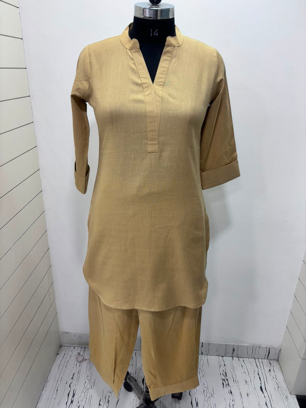 Beige Mandarin Collar Pure Cotton Tunic With Trousers Kurta Set
