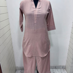 Beige Mandarin Collar Pure Cotton Tunic With Trousers Kurta Set
