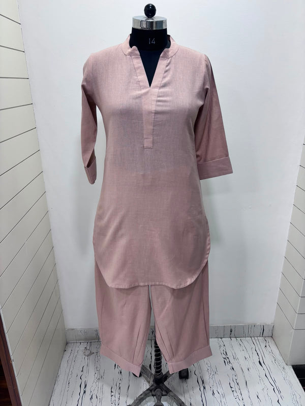 Beige Mandarin Collar Pure Cotton Tunic With Trousers Kurta Set