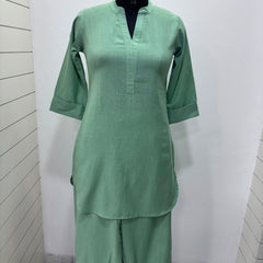Beige Mandarin Collar Pure Cotton Tunic With Trousers Kurta Set