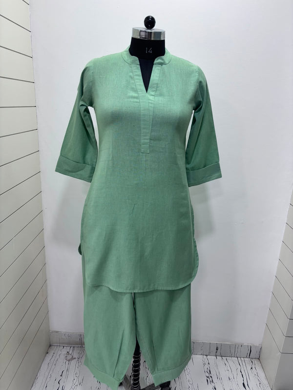 Beige Mandarin Collar Pure Cotton Tunic With Trousers Kurta Set