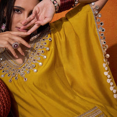V-Neck Short Sleeves Regular Mirror Work A-Line Kaftan With Trouser