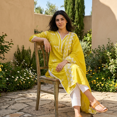 Yellow Embroidered Pure Cotton Straight Kurta With Trouser & Dupatta