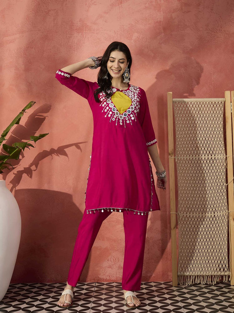Red And White Mirror Work Round Neck Tunic With Trousers