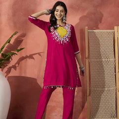 Red And White Mirror Work Round Neck Tunic With Trousers